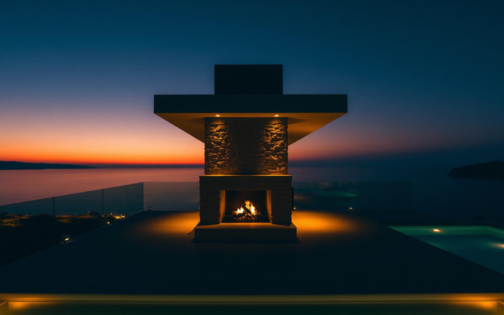 Terraza de villa con chimenea de piedra sobre el mar al anochecer