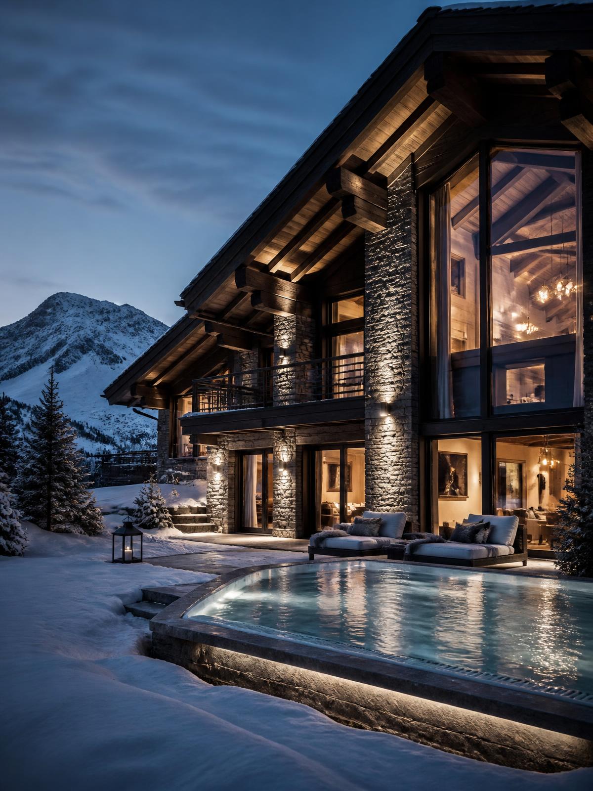 Contemporary alpine chalet in stone and dark timber
