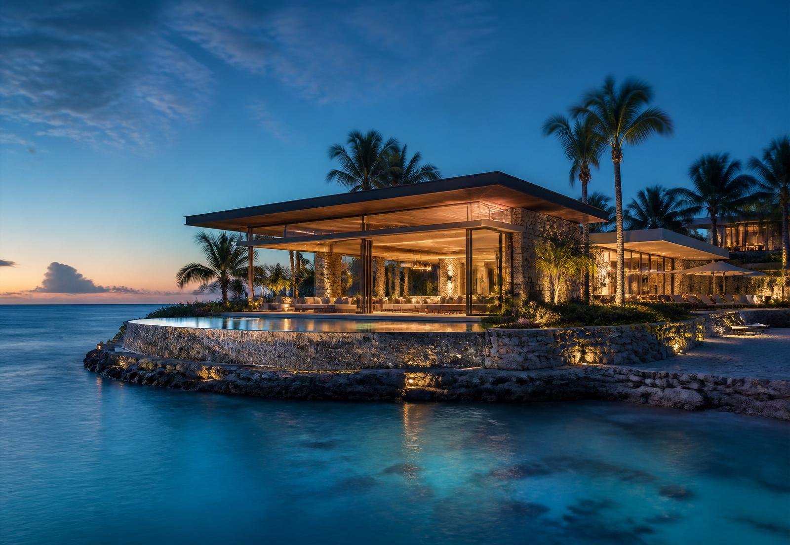 Private island villa above turquoise water at blue hour