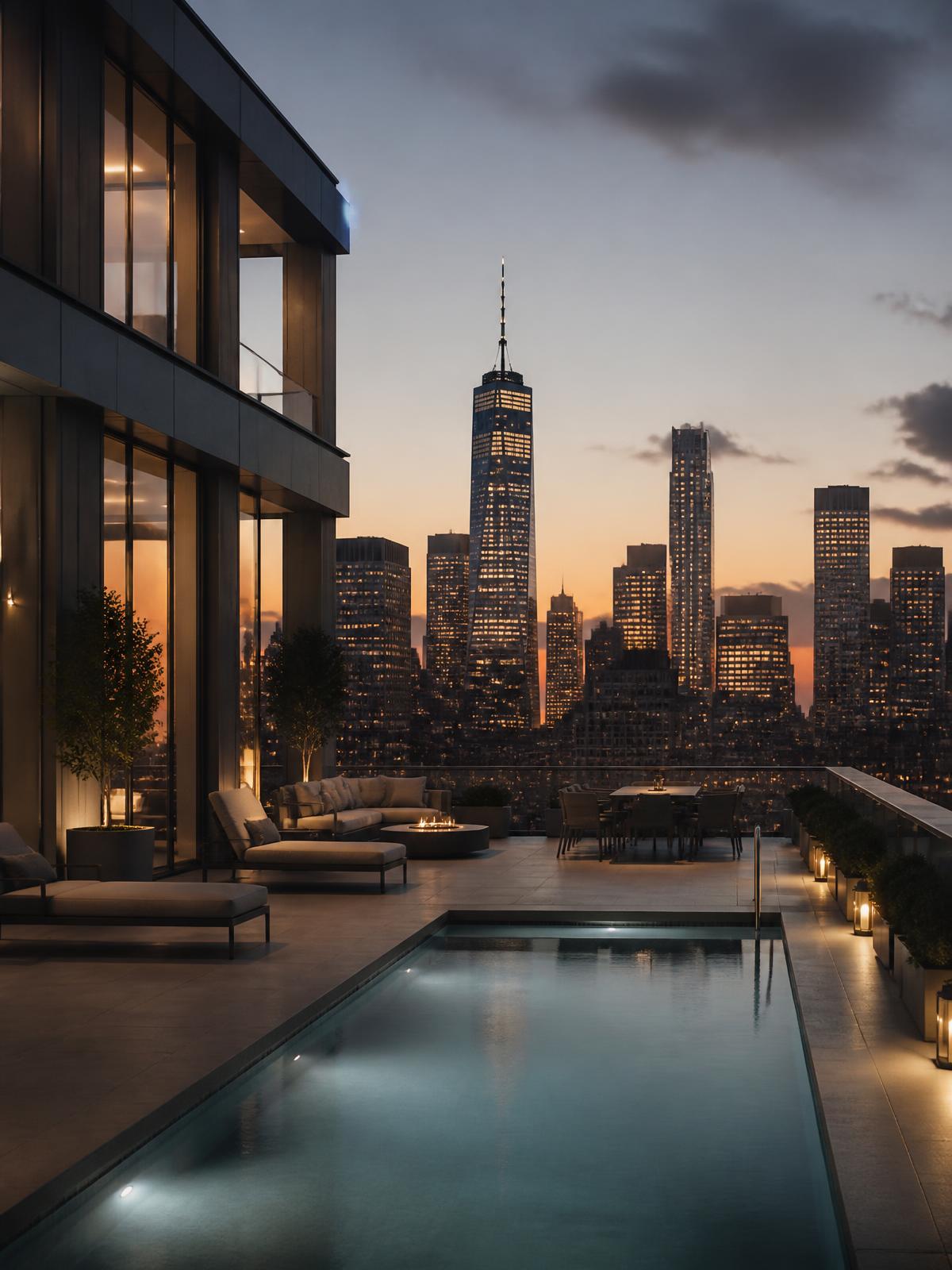 Manhattan super-penthouse rooftop terrace at dusk